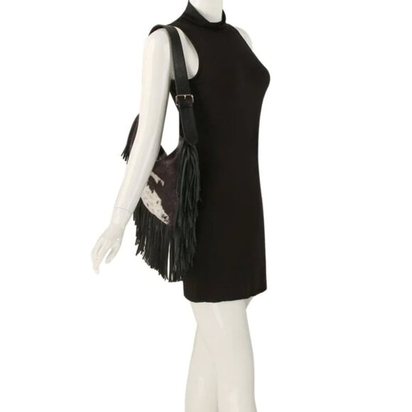 NWT Black Faux Suede Cow Print Fringe Hobo Bag - Picture 2 of 4